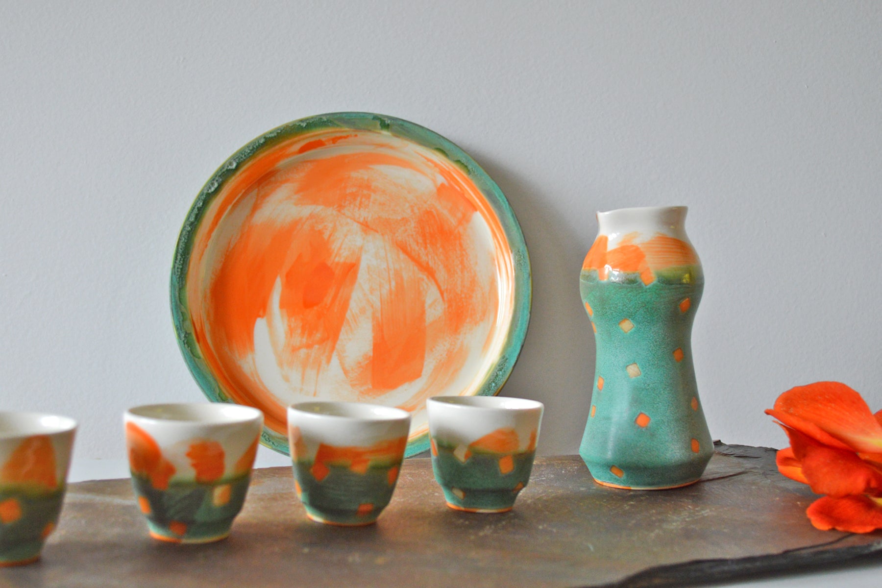 Orange and Green Sake Set – Catherine De Abreu Ceramic Artist